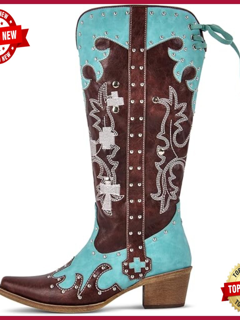 Embroidered Cowboy Boots Knee High Studded Two-Tone Patchwork Cowgirl Boots